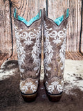 back of boots on cow hide, wood backdrop