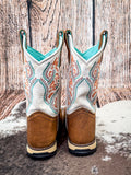 back of boots on cowhide, wood backdrop