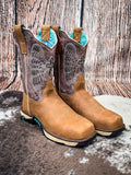 boots on cowhide, wood backdrop