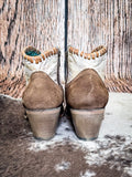 back of boots on cowhide, wood backdrop