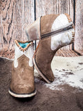 boots on cowhide, wood backdrop