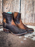 boots on cowhide, woodbackdrop