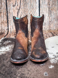 front of boots on cowhide, wood backdrop