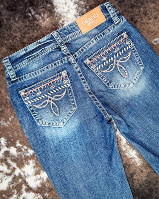 Desert Scroll Easy Flare Jeans in Dark Wash by Grace in LA