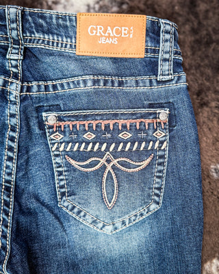 Desert Scroll Easy Flare Jeans in Dark Wash by Grace in LA