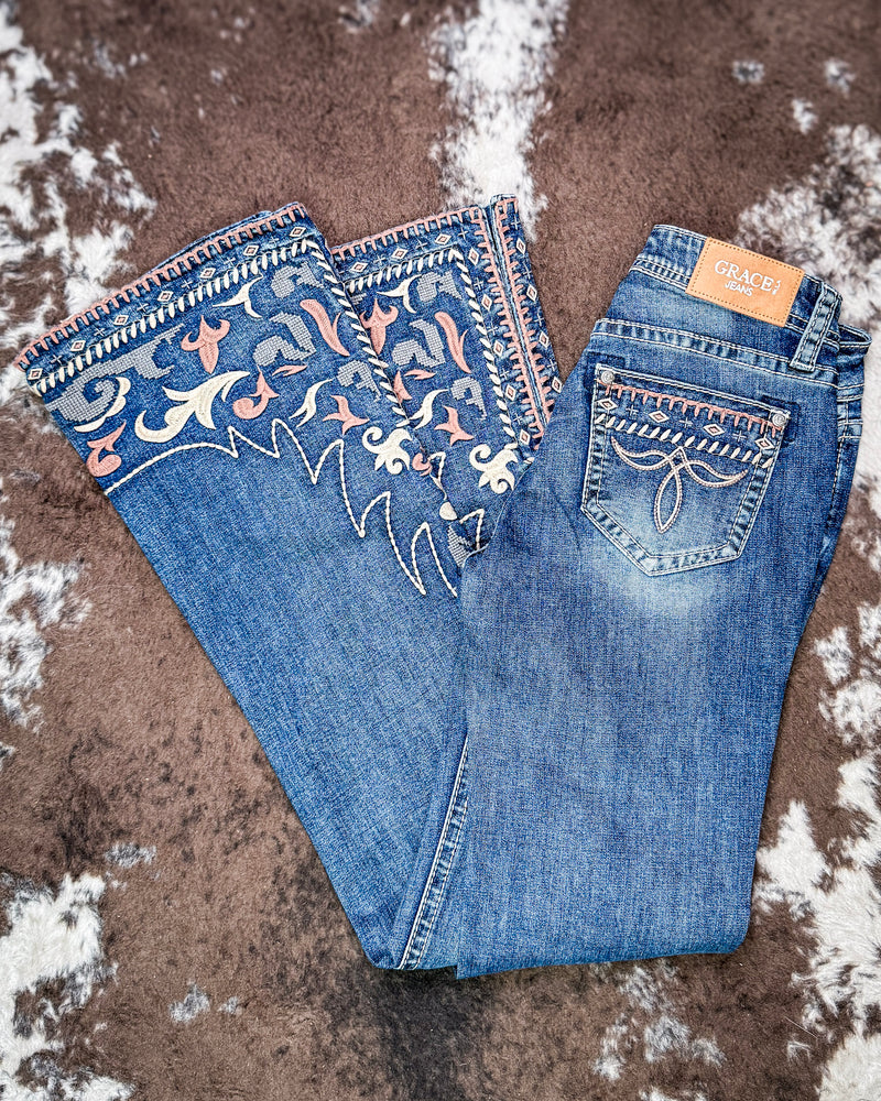 Desert Scroll Easy Flare Jeans in Dark Wash by Grace in LA