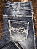 Close up view of stitching details on the back pocket.
