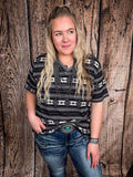 Krista - Black Aztec Print - Short Sleeve - V - Neck Top - Bronco Western Supply Co.