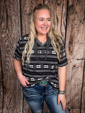 Krista - Black Aztec Print - Short Sleeve - V - Neck Top - Bronco Western Supply Co.