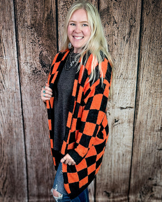 Boo Crew Reversible Cloud Cardigan in Orange and Black Checker by Blakeley