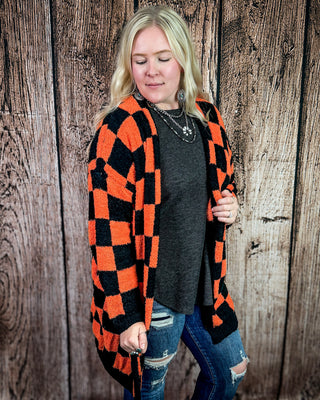 Boo Crew Reversible Cloud Cardigan in Orange and Black Checker by Blakeley