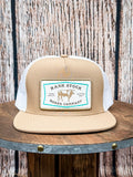 Front view of the Rank Stock - White and Turquoise Hooey Hat on a wood backdrop.