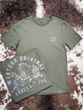 Front and back design on Desert Dillo Hooey T-Shirt displayed on cow hide.
