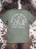 Back of Desert Dillo Hooey T-Shirt displayed on cow hide.