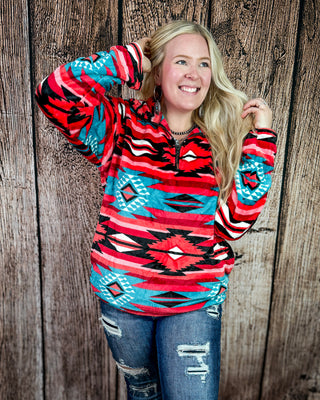 Heritage Plush Fleece Quarter Zip Pullover in Pink Turquoise Aztec