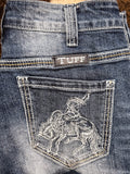 Close up of back pocket design on boot cut jeans.