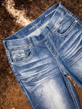 Close up of trouser jeans front pockets.