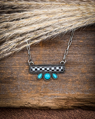 Blue Ribbon Checkered Bar Necklace