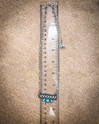 Blue Ribbon Checkered Bar Necklace