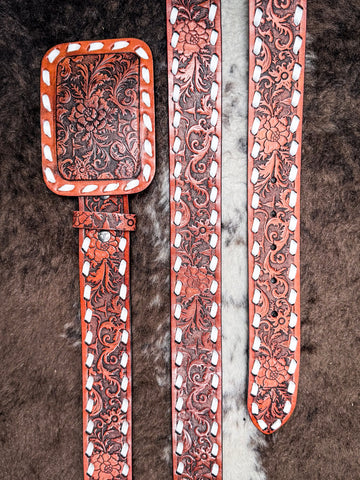 Brown Tooled Genuine Leather Ivory Buckstitch Belt