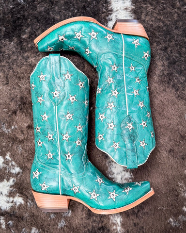 Marfa Black Star Leather Boots - Turquoise and Champagne