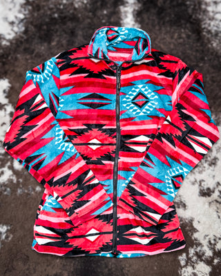 Heritage Plush Fleece Full Zip Pullover in Pink Turquoise Aztec