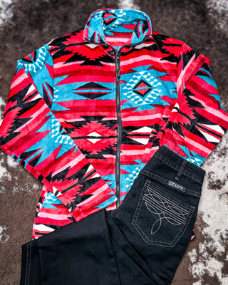 Heritage Plush Fleece Full Zip Pullover in Pink Turquoise Aztec