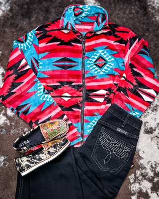 Heritage Plush Fleece Full Zip Pullover in Pink Turquoise Aztec