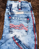 Close up of the back pocket on the Cowgirl Tuff Blazn' Red Trouser Jeans.