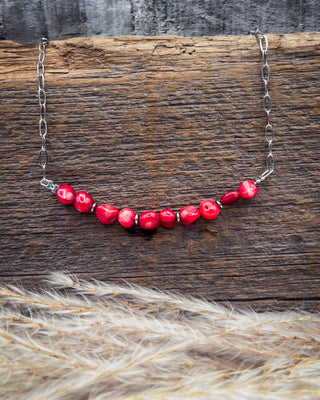 A silver chain necklace featuring a curved row of glossy, faceted red beads, displayed on a rustic dark wood background with dried pampas grass in the foreground.