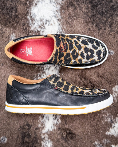 Kaia Twisted X Slip-On Kicks - Black and Cheetah on cowhide.