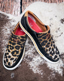 Kaia Twisted X Slip-On Kicks - Black and Cheetah on cowhide.