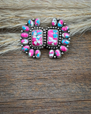 Pink Mosaic Concho Stud Fashion Earrings
