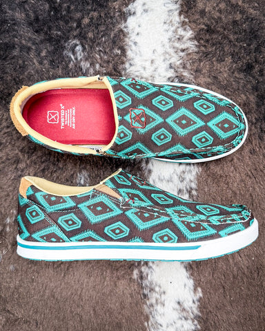 Desert Prism Twisted X Slip-On Kicks - Brown and Turquoise on cowhide.