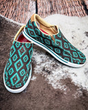 Desert Prism Twisted X Slip-On Kicks - Brown and Turquoise on cowhide.