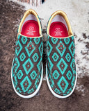 Desert Prism Twisted X Slip-On Kicks - Brown and Turquoise on cowhide.
