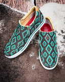 Desert Prism Twisted X Slip-On Kicks - Brown and Turquoise on cowhide.