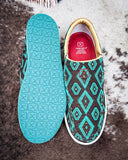 Desert Prism Twisted X Slip-On Kicks - Brown and Turquoise on cowhide.