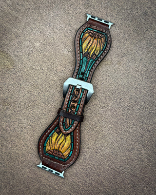 Sunflower Tooled Leather Smart Watch Band by American Darling