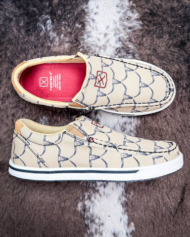 Fence Line Twisted X Slip-On Kicks - Tan and Black on cowhide.