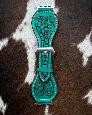 Aqua Sunflower Tooled Leather Smart Watch Band by American Darling