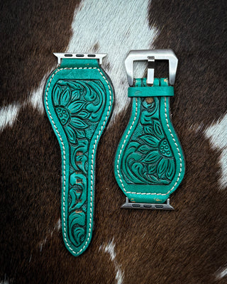 Aqua Sunflower Tooled Leather Smart Watch Band by American Darling