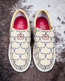 Fence Line Twisted X Slip-On Kicks - Tan and Black on cowhide.