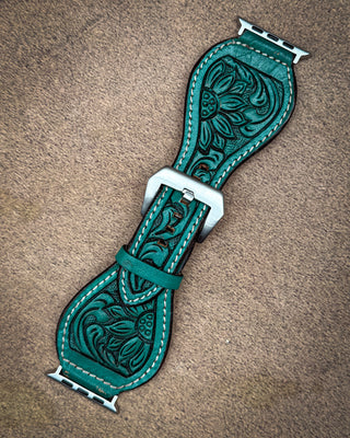 Aqua Sunflower Tooled Leather Smart Watch Band by American Darling