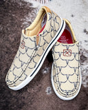Fence Line Twisted X Slip-On Kicks - Tan and Black on cowhide.