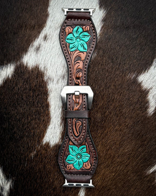 Teal Bloom Tooled Leather Smart Watch Band by American Darling