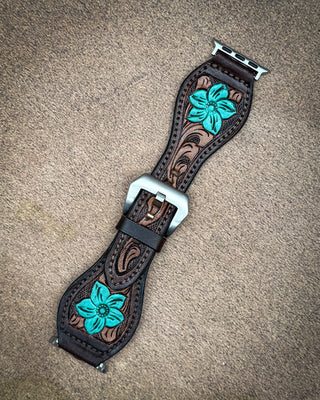 Teal Bloom Tooled Leather Smart Watch Band by American Darling