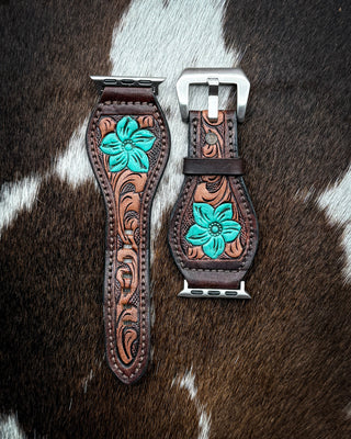 Teal Bloom Tooled Leather Smart Watch Band by American Darling