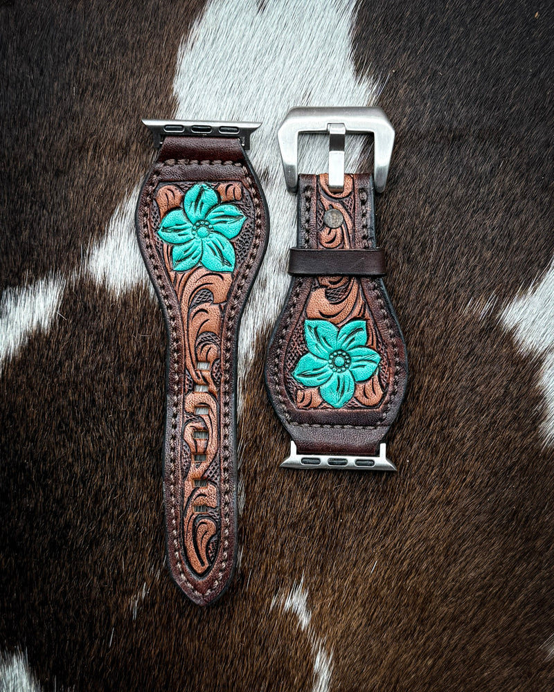 Teal Bloom Tooled Leather Smart Watch Band by American Darling