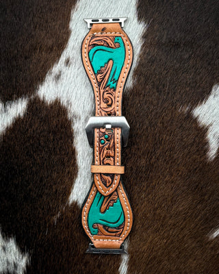 Turquoise Thunderbird Tooled Leather Smart Watch Band by American Darling